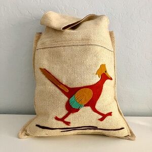 Vintage Burlap canvas rustic tote bag with bird appliqué shopping